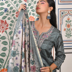 (Vaasva) Women mustard silk embroidered  suit set & printed dupatta (Set of 5pc)