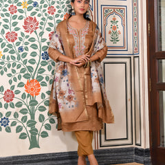(Vaasva) Women mustard silk embroidered  suit set & printed dupatta (Set of 5pc)