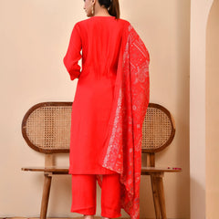 Chanderi Madder Solid Embroidered Kurta Pant And Printed Dupatta Set (Set of 5 Pc)