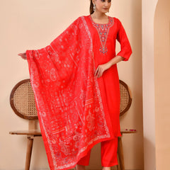 Chanderi Madder Solid Embroidered Kurta Pant And Printed Dupatta Set (Set of 5 Pc)
