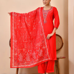 Chanderi Madder Solid Embroidered Kurta Pant And Printed Dupatta Set (Set of 5 Pc)