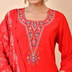 Chanderi Madder Solid Embroidered Kurta Pant And Printed Dupatta Set (Set of 5 Pc)