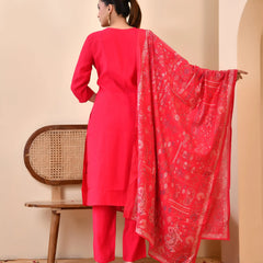 Chanderi Vermillion Solid Embroidered Kurta Pant And Printed Dupatta Set (Set of 5 Pc)