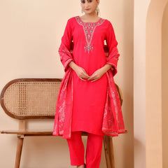 Chanderi Vermillion Solid Embroidered Kurta Pant And Printed Dupatta Set (Set of 5 Pc)