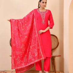 Chanderi Vermillion Solid Embroidered Kurta Pant And Printed Dupatta Set (Set of 5 Pc)