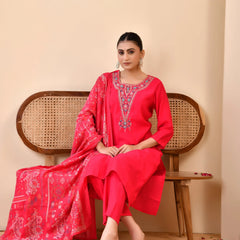 Chanderi Vermillion Solid Embroidered Kurta Pant And Printed Dupatta Set (Set of 5 Pc)