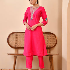 Chanderi Cherrry Red Solid Embroidered Kurta Pant Set (Set of 5 Pc)