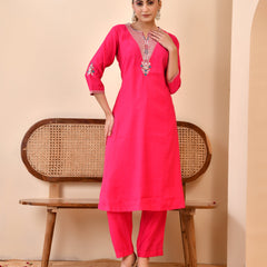 Chanderi Cherrry Red Solid Embroidered Kurta Pant Set (Set of 5 Pc)