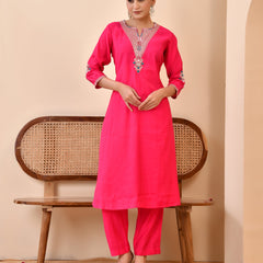 Chanderi Cherrry Red Solid Embroidered Kurta Pant Set (Set of 5 Pc)