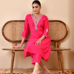 Chanderi Cherrry Red Solid Embroidered Kurta Pant Set (Set of 5 Pc)
