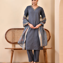 Chanderi Coral Solid Embroidered Kurta Pant Set With Printed Dupatta Set (Set of 5 Pc)