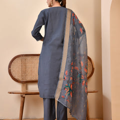 Chanderi Coral Solid Embroidered Kurta Pant Set With Printed Dupatta Set (Set of 5 Pc)