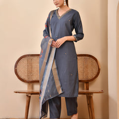 Chanderi Coral Solid Embroidered Kurta Pant Set With Printed Dupatta Set (Set of 5 Pc)