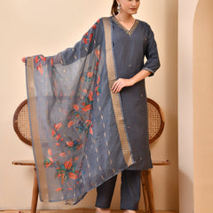 Chanderi Coral Solid Embroidered Kurta Pant Set With Printed Dupatta Set (Set of 5 Pc)