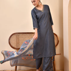 Chanderi Coral Solid Embroidered Kurta Pant Set With Printed Dupatta Set (Set of 5 Pc)