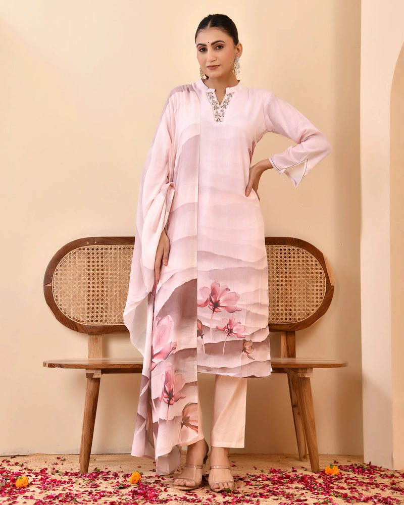 Pale Pink Digital Printed Embroidered Kurta With Pant Dupatta Set (Set of 5 Pc)