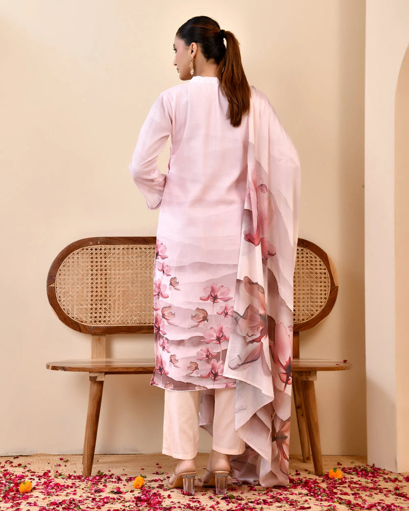 Pale Pink Digital Printed Embroidered Kurta With Pant Dupatta Set (Set of 5 Pc)