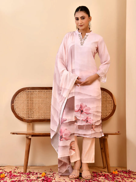 Pale Pink Digital Printed Embroidered Kurta With Pant Dupatta Set (Set of 5 Pc)