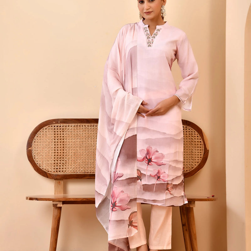 Pale Pink Digital Printed Embroidered Kurta With Pant Dupatta Set (Set of 5 Pc)