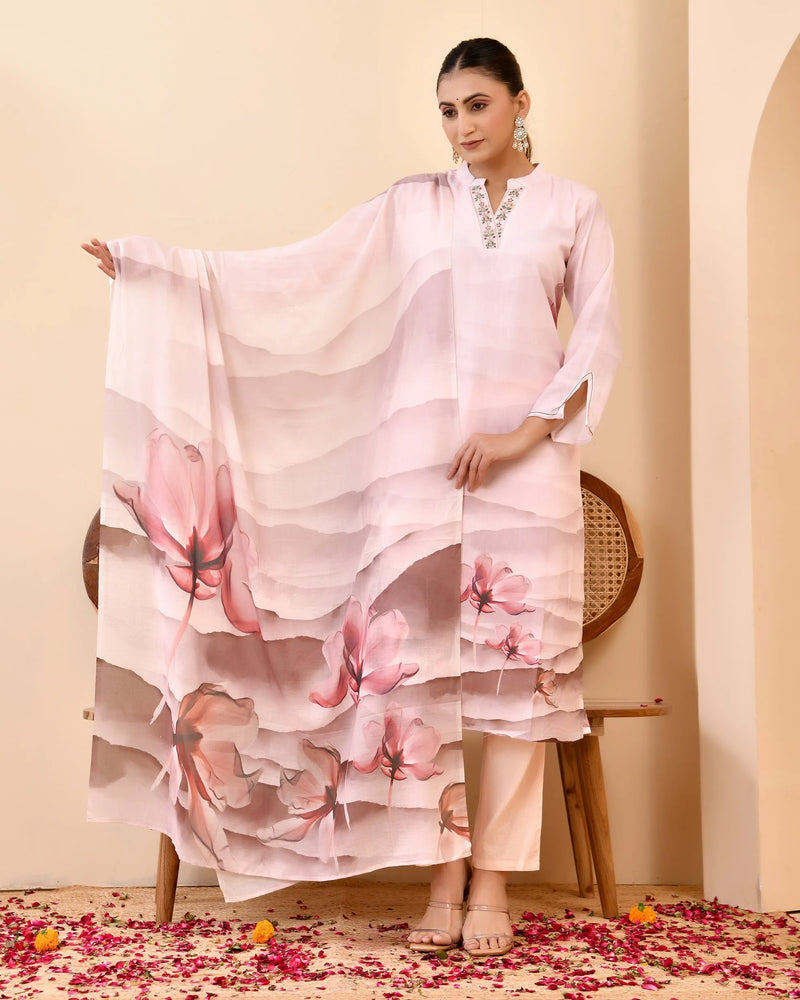 Pale Pink Digital Printed Embroidered Kurta With Pant Dupatta Set (Set of 5 Pc)