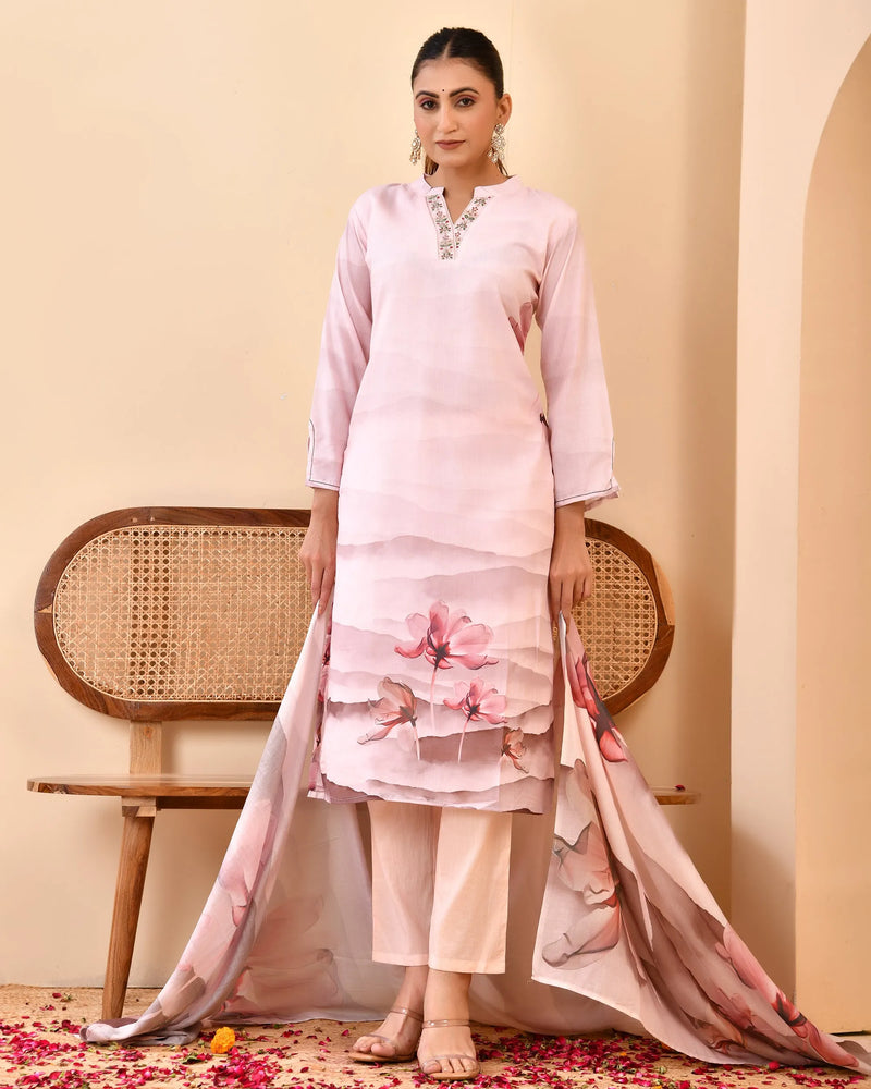 Pale Pink Digital Printed Embroidered Kurta With Pant Dupatta Set (Set of 5 Pc)