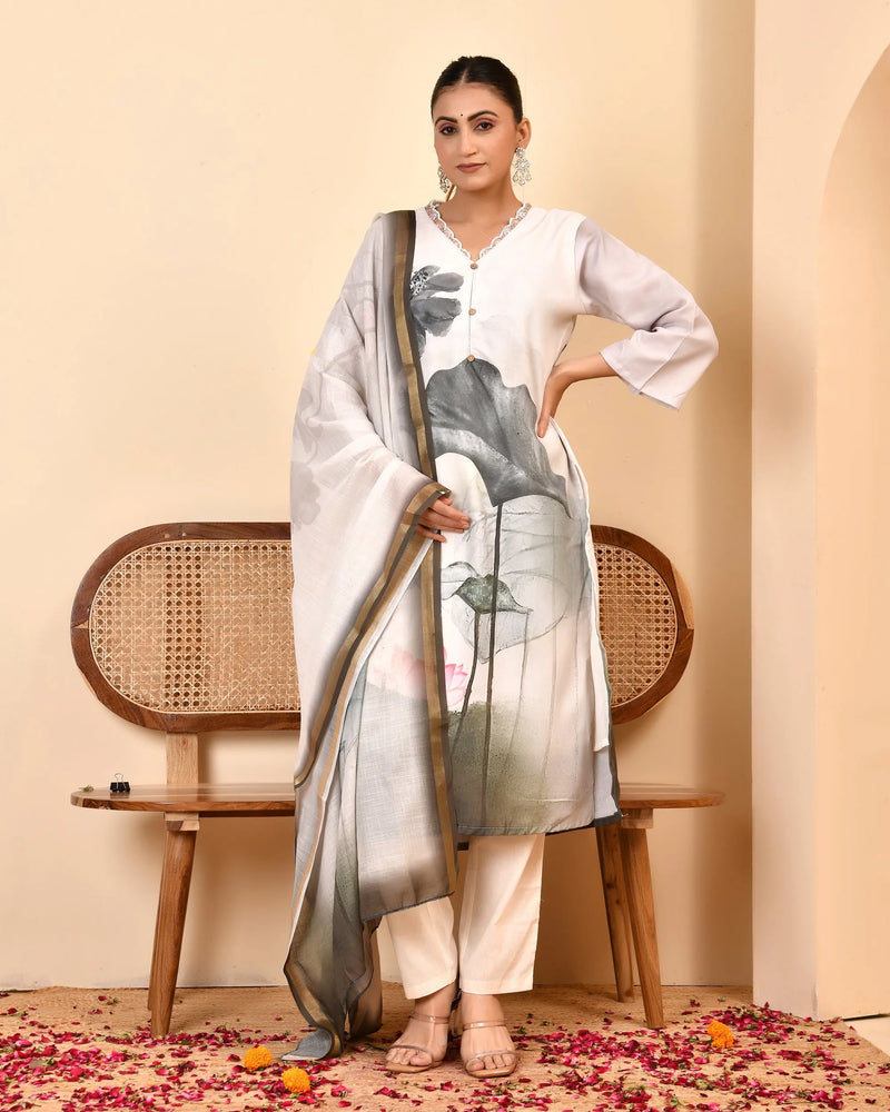 Linen Cream Digital Printed Embroidered Kurta With Pant Dupatta Set (Set of 5 Pc)