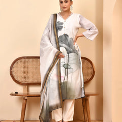Linen Cream Digital Printed Embroidered Kurta With Pant Dupatta Set (Set of 5 Pc)