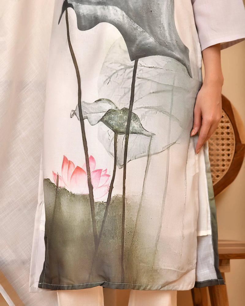 Linen Cream Digital Printed Embroidered Kurta With Pant Dupatta Set (Set of 5 Pc)
