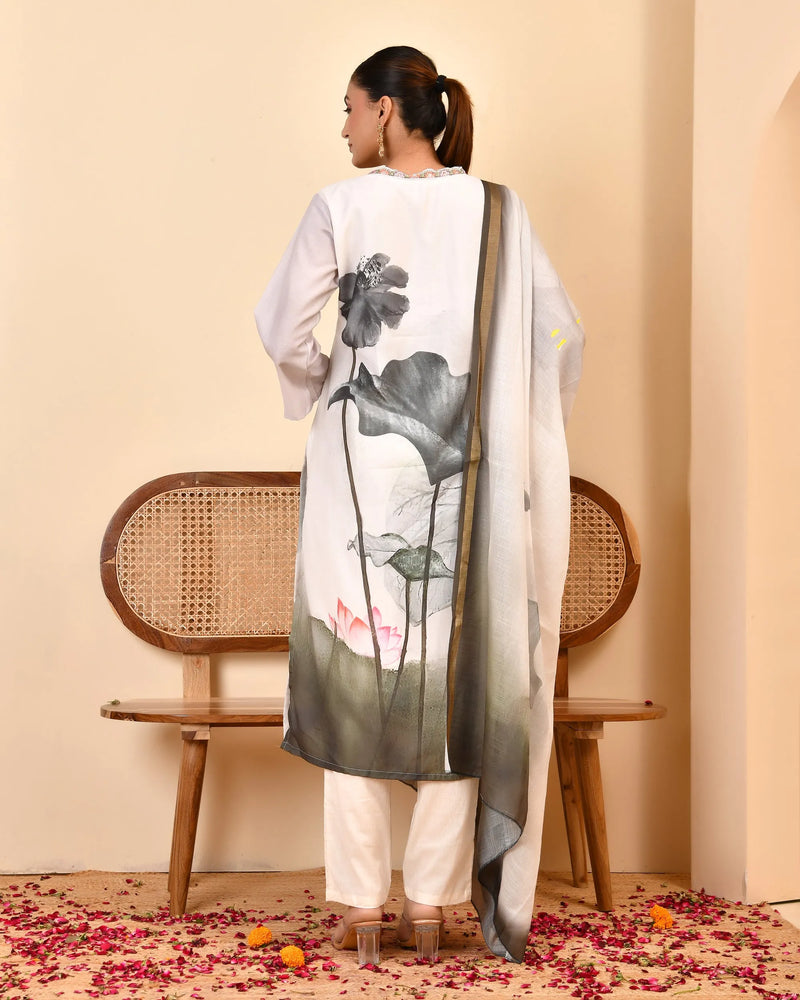 Linen Cream Digital Printed Embroidered Kurta With Pant Dupatta Set (Set of 5 Pc)
