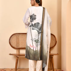 Linen Cream Digital Printed Embroidered Kurta With Pant Dupatta Set (Set of 5 Pc)