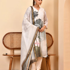 Linen Cream Digital Printed Embroidered Kurta With Pant Dupatta Set (Set of 5 Pc)