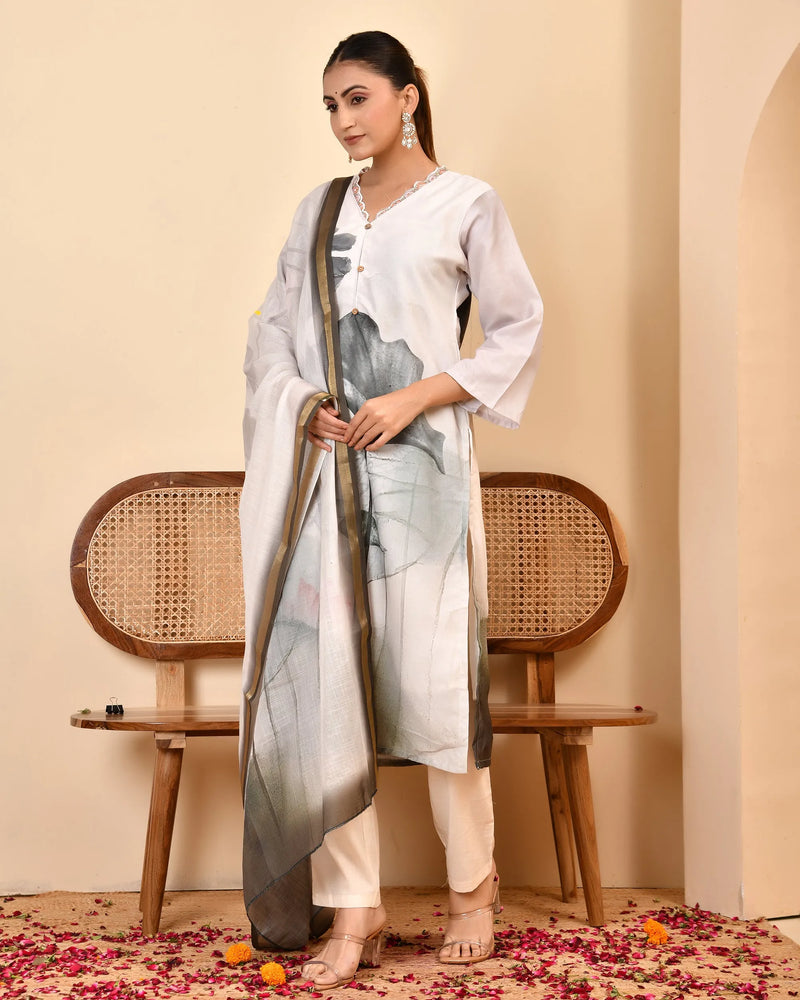 Linen Cream Digital Printed Embroidered Kurta With Pant Dupatta Set (Set of 5 Pc)