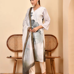 Linen Cream Digital Printed Embroidered Kurta With Pant Dupatta Set (Set of 5 Pc)