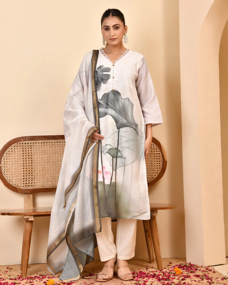Linen Cream Digital Printed Embroidered Kurta With Pant Dupatta Set (Set of 5 Pc)