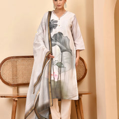 Linen Cream Digital Printed Embroidered Kurta With Pant Dupatta Set (Set of 5 Pc)