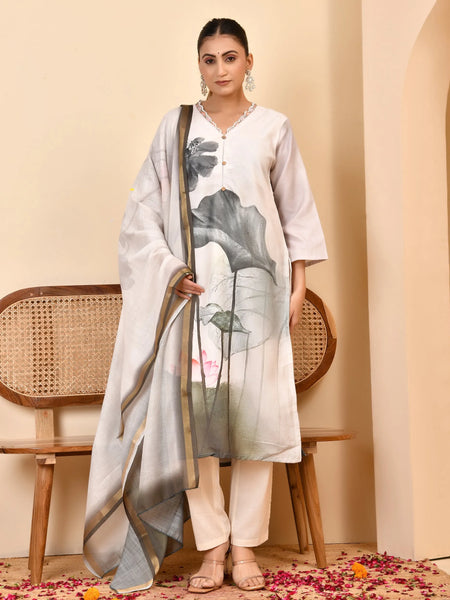 Linen Cream Digital Printed Embroidered Kurta With Pant Dupatta Set (Set of 5 Pc)