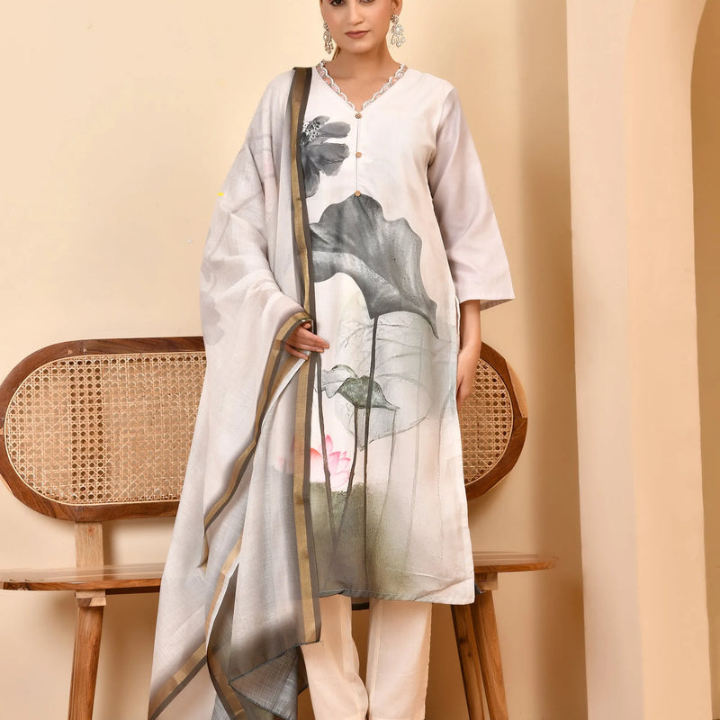 Linen Cream Digital Printed Embroidered Kurta With Pant Dupatta Set (Set of 5 Pc)