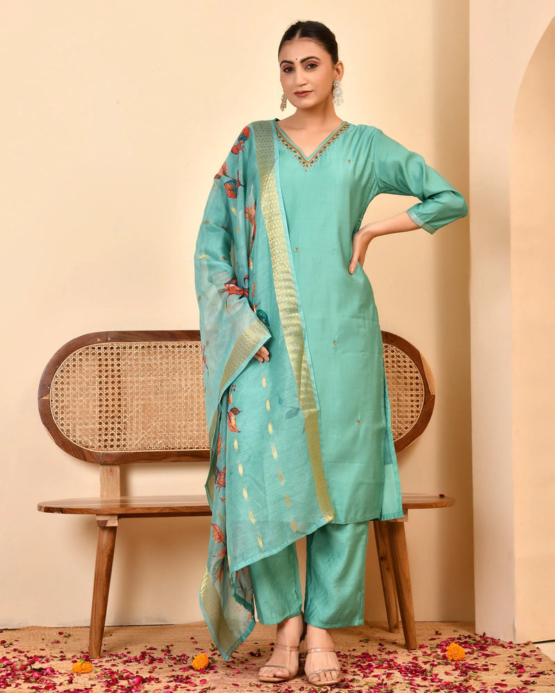 Chanderi V neck Hand Embroidered Aqua Solid  kurta Pant Set With Printed Dupatta Set (Set of 5 Pc)
