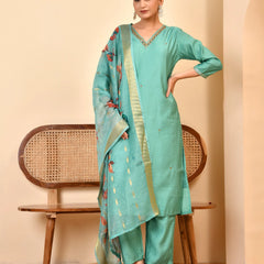 Chanderi V neck Hand Embroidered Aqua Solid  kurta Pant Set With Printed Dupatta Set (Set of 5 Pc)