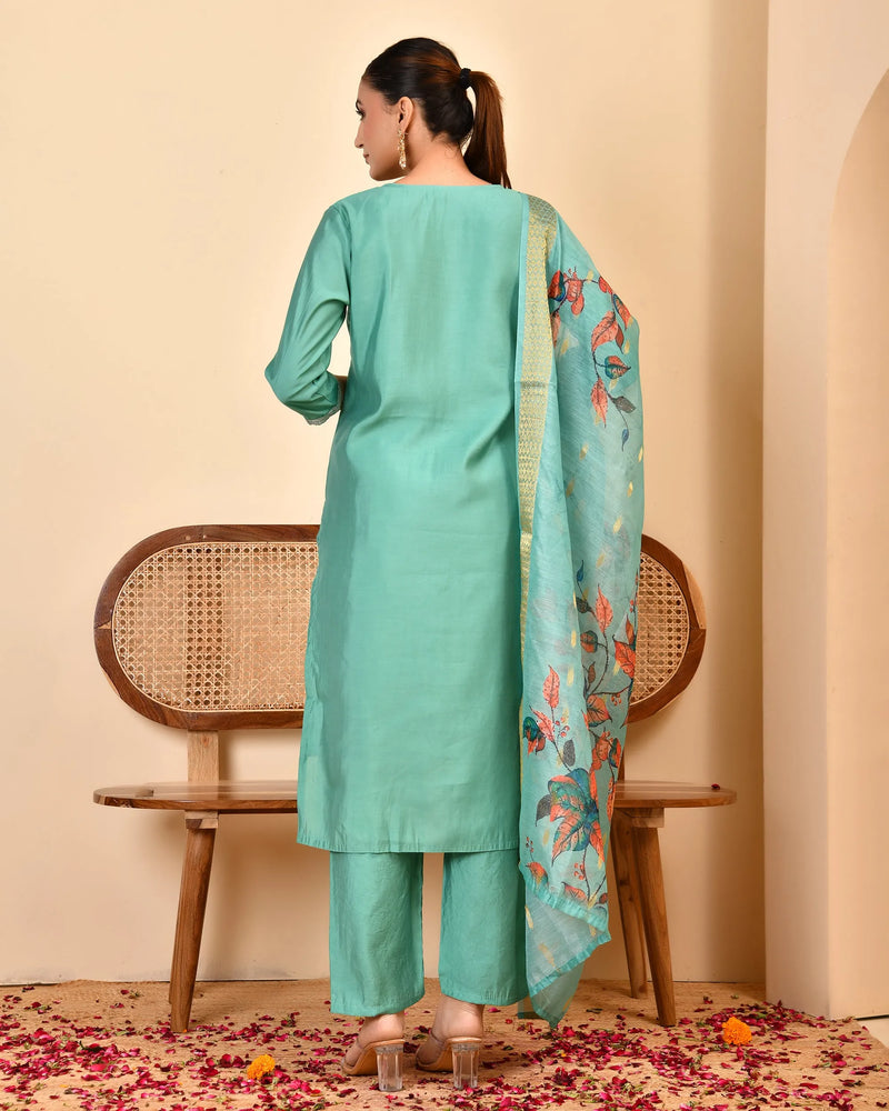 Chanderi V neck Hand Embroidered Aqua Solid  kurta Pant Set With Printed Dupatta Set (Set of 5 Pc)