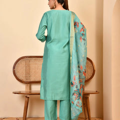 Chanderi V neck Hand Embroidered Aqua Solid  kurta Pant Set With Printed Dupatta Set (Set of 5 Pc)