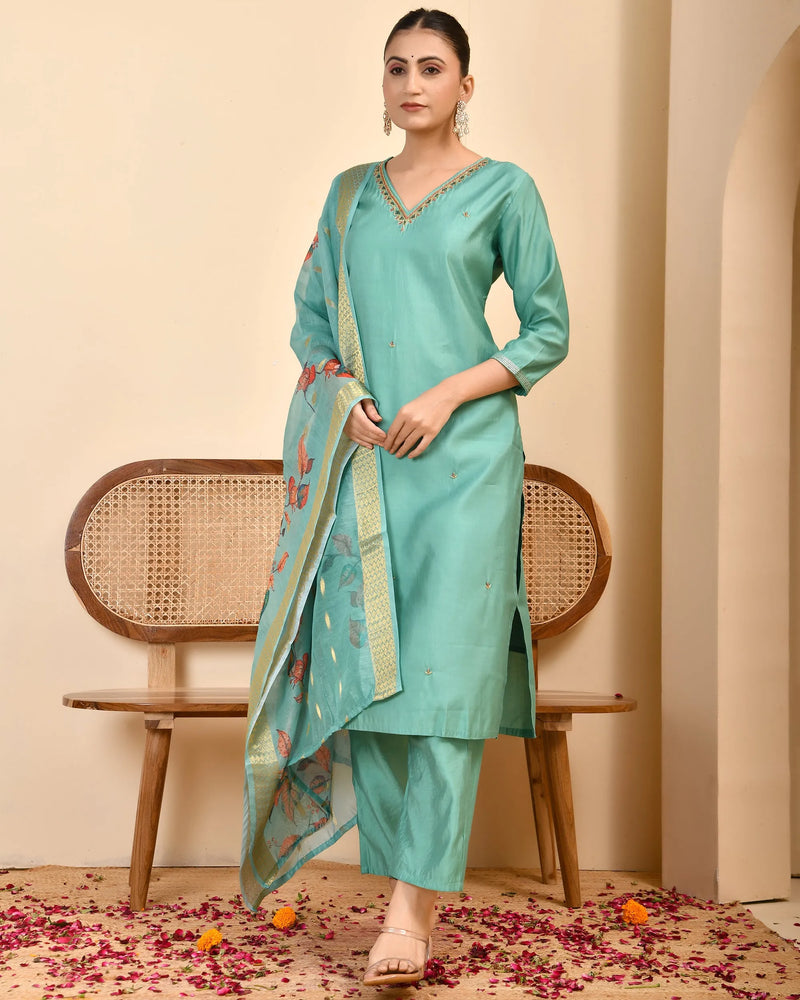 Chanderi V neck Hand Embroidered Aqua Solid  kurta Pant Set With Printed Dupatta Set (Set of 5 Pc)