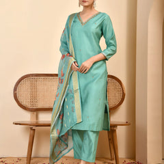 Chanderi V neck Hand Embroidered Aqua Solid  kurta Pant Set With Printed Dupatta Set (Set of 5 Pc)