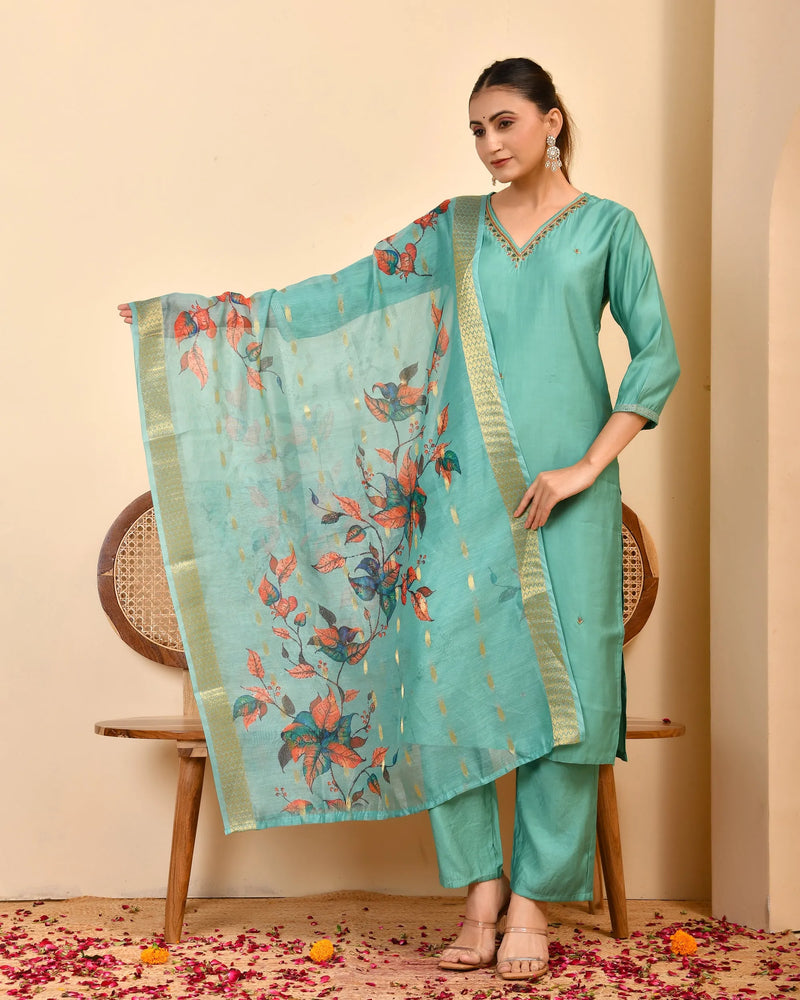 Chanderi V neck Hand Embroidered Aqua Solid  kurta Pant Set With Printed Dupatta Set (Set of 5 Pc)