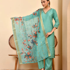 Chanderi V neck Hand Embroidered Aqua Solid  kurta Pant Set With Printed Dupatta Set (Set of 5 Pc)