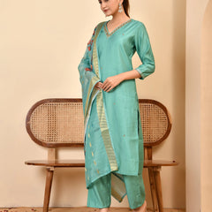 Chanderi V neck Hand Embroidered Aqua Solid  kurta Pant Set With Printed Dupatta Set (Set of 5 Pc)