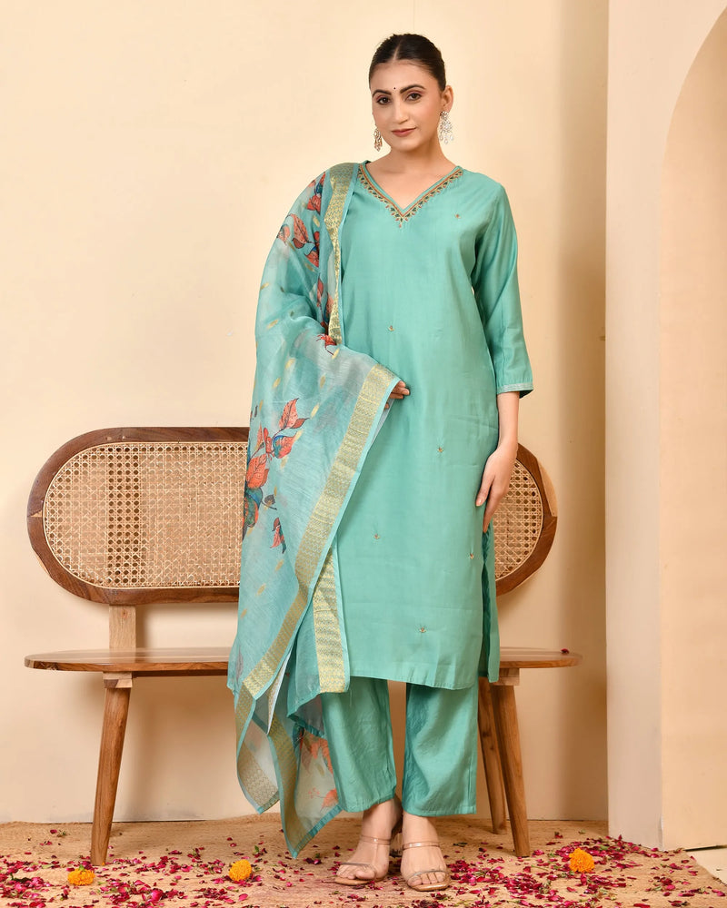 Chanderi V neck Hand Embroidered Aqua Solid  kurta Pant Set With Printed Dupatta Set (Set of 5 Pc)