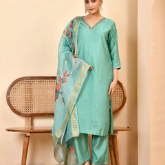 Chanderi V neck Hand Embroidered Aqua Solid  kurta Pant Set With Printed Dupatta Set (Set of 5 Pc)
