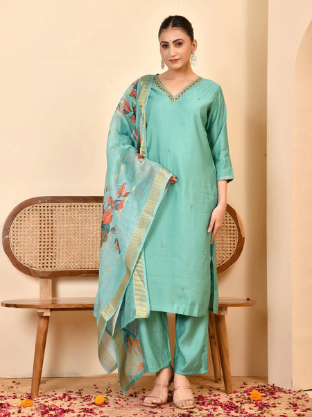 Chanderi V neck Hand Embroidered Aqua Solid  kurta Pant Set With Printed Dupatta Set (Set of 5 Pc)