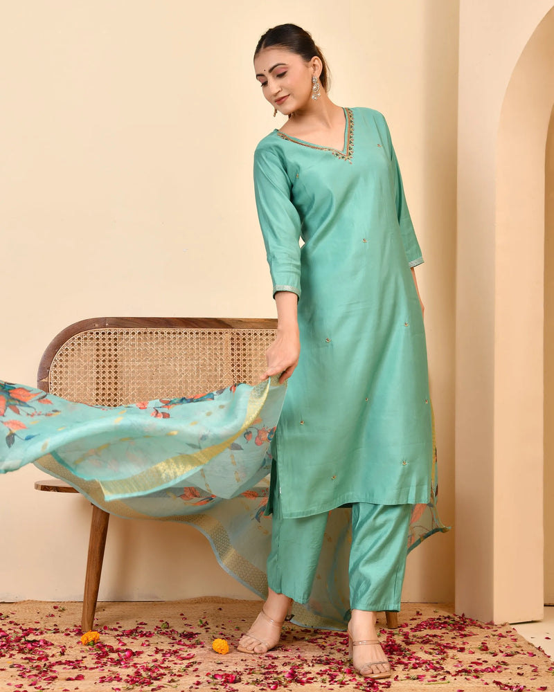 Chanderi V neck Hand Embroidered Aqua Solid  kurta Pant Set With Printed Dupatta Set (Set of 5 Pc)